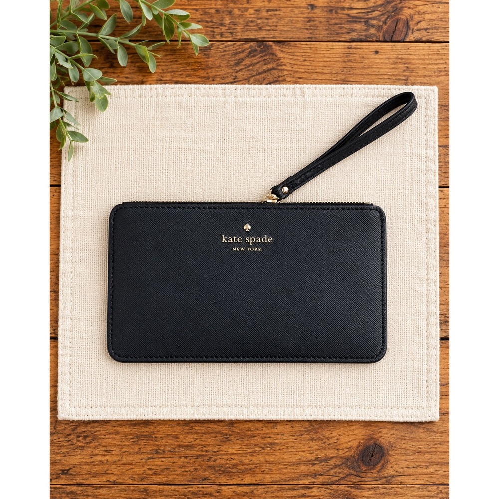 Kate Spade New York Black Saffiano Leather Wristlet Pouch Gold Logo
